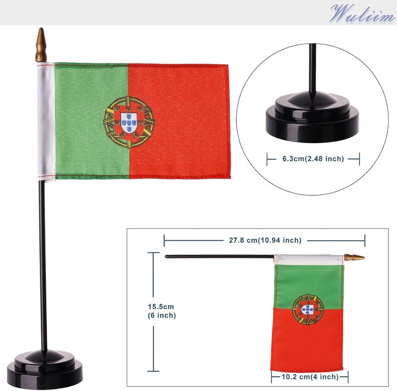 Wuliim Portugal Desktop Flag - 4 x 6 inch Miniature Stitched Portuguese Desk Flag with 12" Solid Pole, Black Base and Spear Top | Premium Quality Mini Portuguese Office Table Flags - Vivid Color and Fade Resistant - Image 3